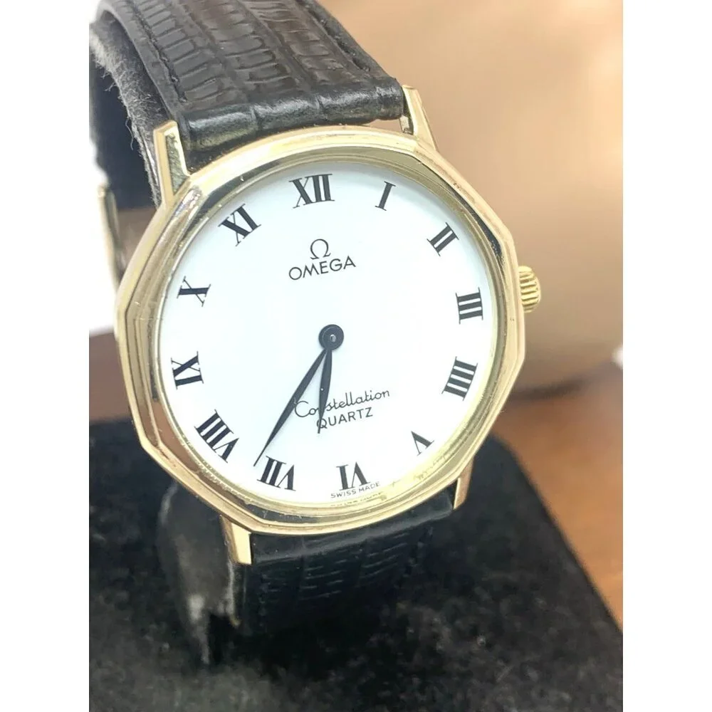 Omega Constellation Mens Watch Vintage Swiss Quartz 1330 White Dial Leather 33mm